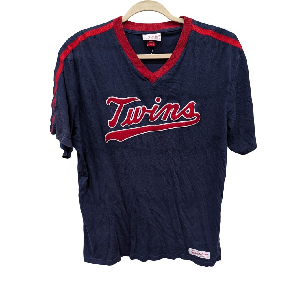 Mitchell & Ness Men's Minnesota Twins MLB V-Neck Jersey T-Shirt Navy Blue- XL